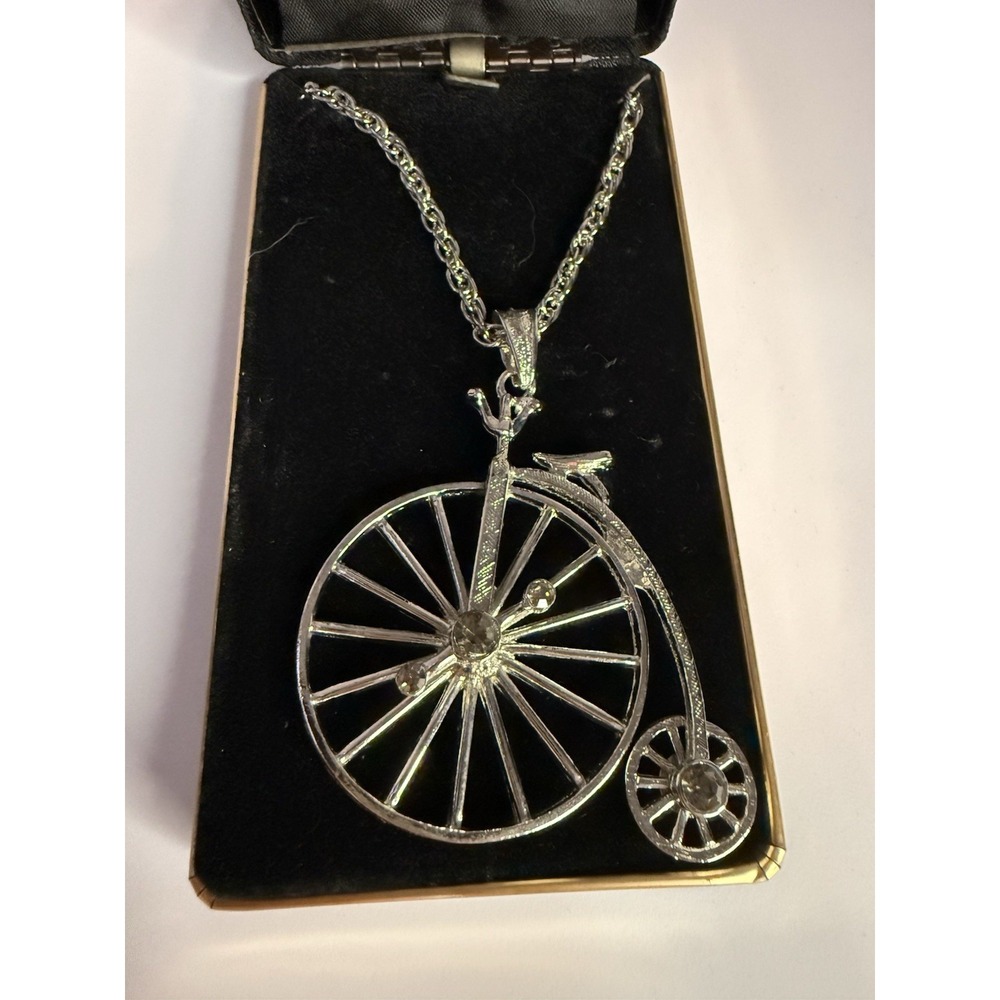 Vintage Moving Big Wheel Bicycle BJ Pendant Silver-Tone Rhinestone Necklace